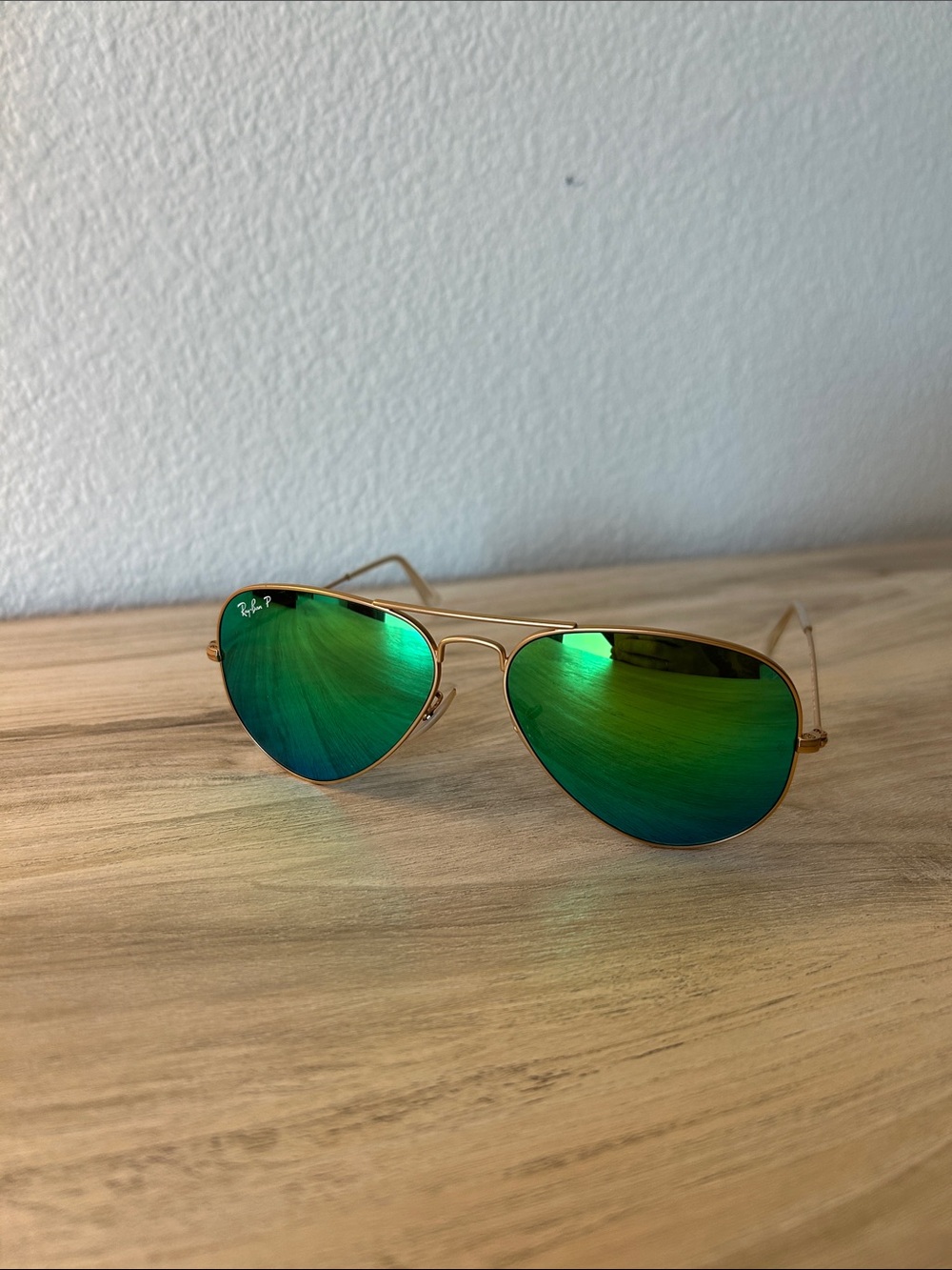 Ray-Ban Gold Frame Sunglasses with Green Mirror Lenses